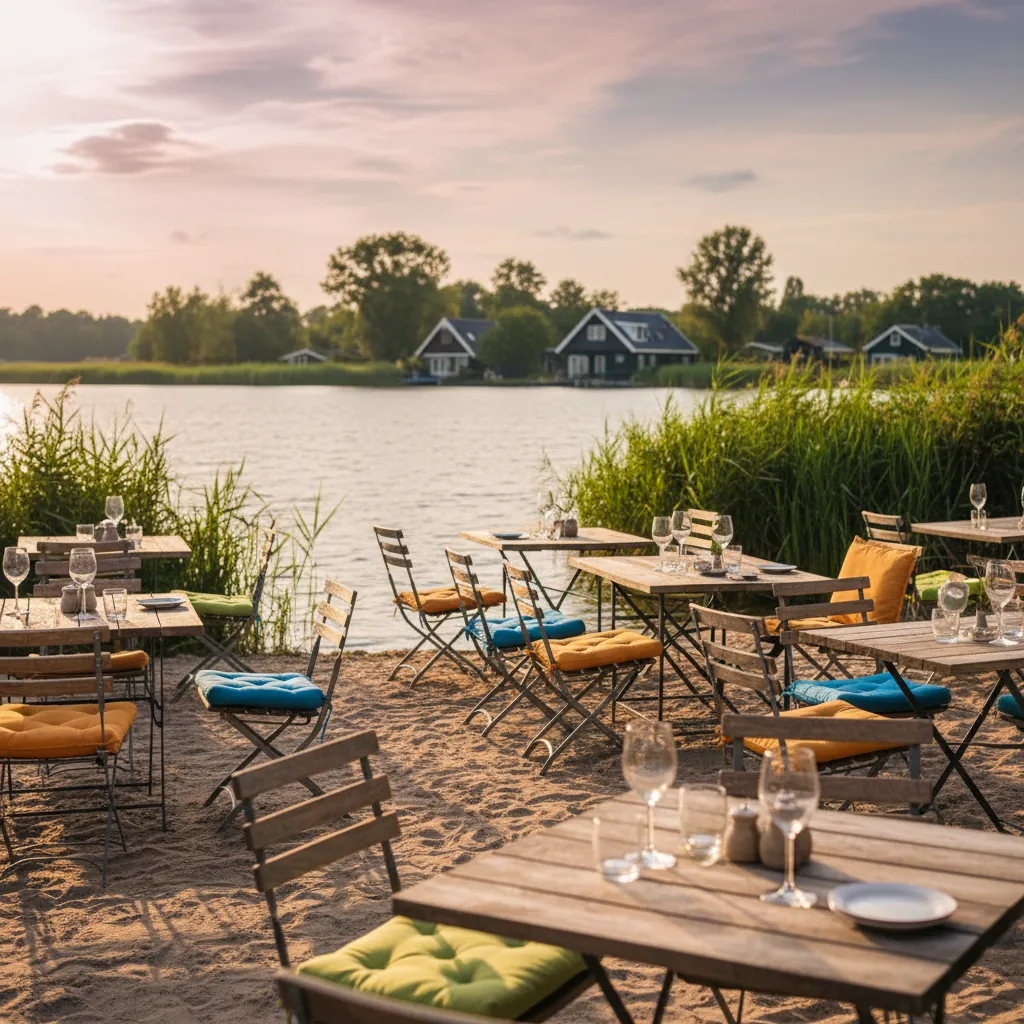 Zonnig strandterras van Flow aan de Zevenhuizerplas